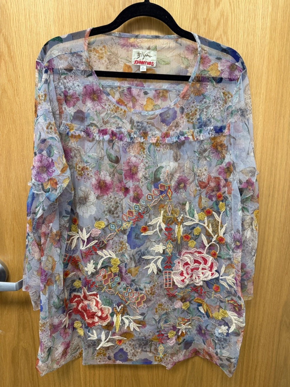 Johnny Was Light Blue Sheer Floral Embroidered Tunic